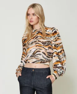 Blusa Cropped In Raso Animalier