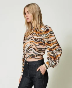 Blusa Cropped In Raso Animalier