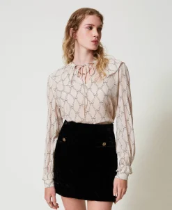 Blusa In Creponne Con Stampa Fiocchi