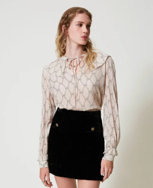 Blusa In Creponne Con Stampa Fiocchi