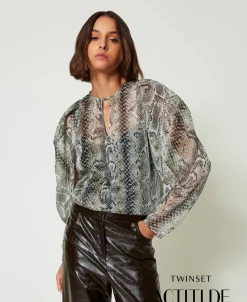 Blusa In Creponne Con Stampa Snake