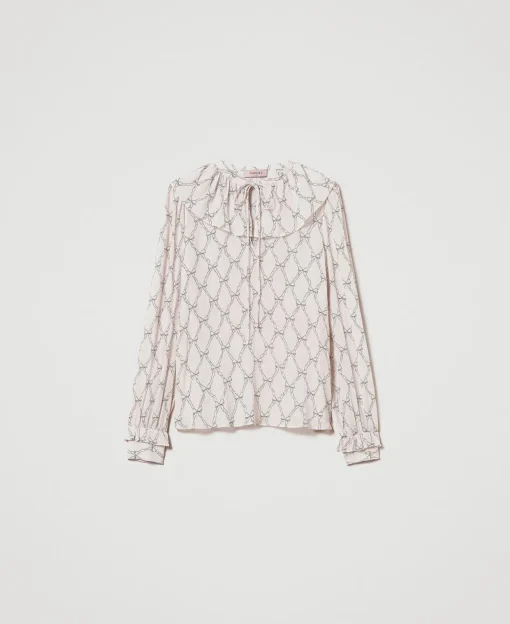 Blusa In Creponne Con Stampa Fiocchi