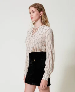 Blusa In Creponne Con Stampa Fiocchi