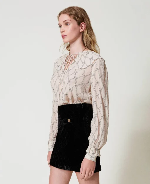 Blusa In Creponne Con Stampa Fiocchi