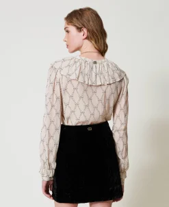 Blusa In Creponne Con Stampa Fiocchi