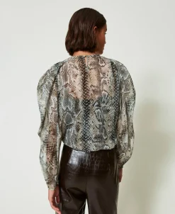 Blusa In Creponne Con Stampa Snake