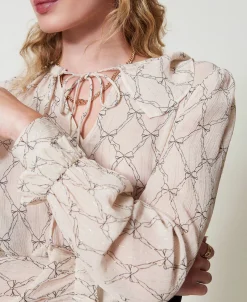 Blusa In Creponne Con Stampa Fiocchi