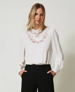 Blusa In Crêpe Con Ricamo Floreale