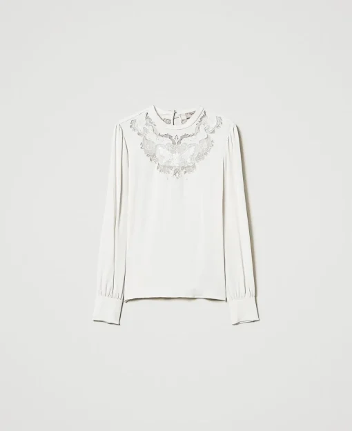 Blusa In Crêpe Con Ricamo Floreale