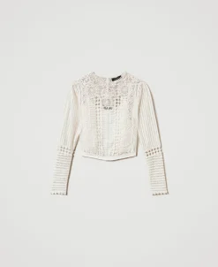 Blusa In Mussola Con Pizzo E Ricami