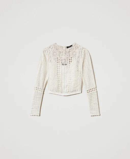Blusa In Mussola Con Pizzo E Ricami