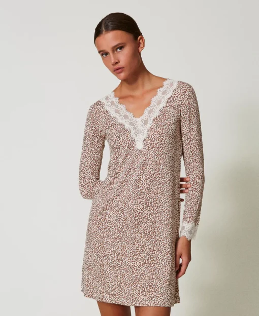 Camicia Da Notte Stampata Con Pizzo