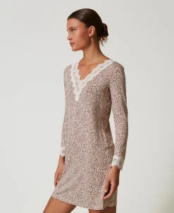 Camicia Da Notte Stampata Con Pizzo