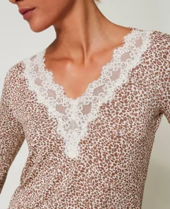 Camicia Da Notte Stampata Con Pizzo