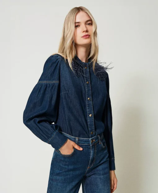 Camicia In Jeans Con Piume
