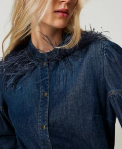 Camicia In Jeans Con Piume