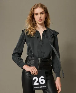 Camicia In Raso Di Seta Con Volant
