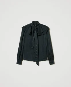 Camicia In Raso Di Seta Con Volant