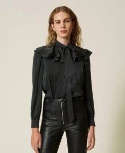 Camicia In Raso Di Seta Con Volant