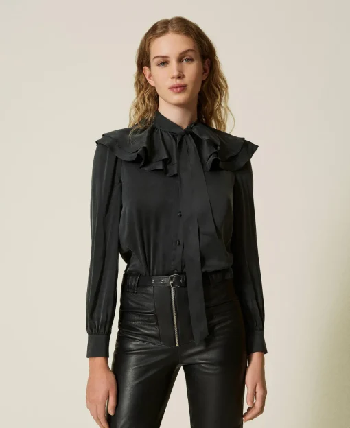 Camicia In Raso Di Seta Con Volant