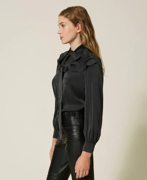 Camicia In Raso Di Seta Con Volant