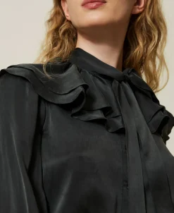 Camicia In Raso Di Seta Con Volant