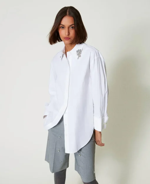 Camicia Over In Popeline Con Ricami