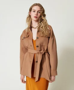 Cappotto Caban In Panno Double Misto Lana