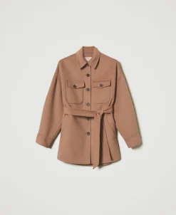 Cappotto Caban In Panno Double Misto Lana