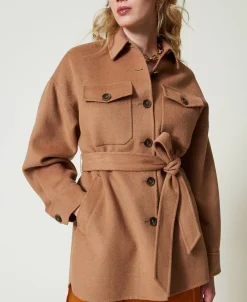 Cappotto Caban In Panno Double Misto Lana