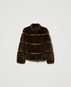 Cappotto Corto In Faux Fur Con Intarsi