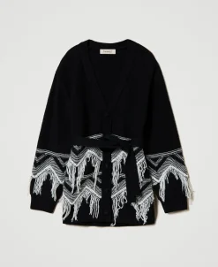 Cappotto In Maglia Misto Lana Con Frange