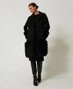 Cappotto In Panno Di Misto Lana E Faux Fur