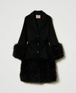 Cappotto In Panno Di Misto Lana E Faux Fur