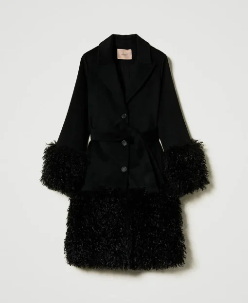 Cappotto In Panno Di Misto Lana E Faux Fur