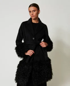 Cappotto In Panno Di Misto Lana E Faux Fur