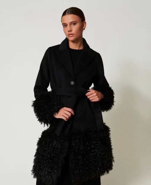 Cappotto In Panno Di Misto Lana E Faux Fur