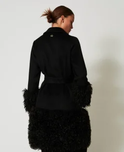 Cappotto In Panno Di Misto Lana E Faux Fur