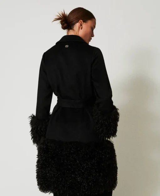 Cappotto In Panno Di Misto Lana E Faux Fur