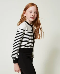 Cardigan A Righe Con Logo Jacquard