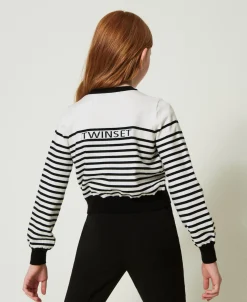 Cardigan A Righe Con Logo Jacquard