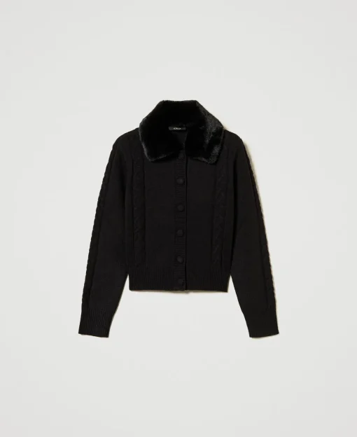Cardigan Corto Con Collo In Faux Fur