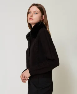 Cardigan Corto Con Collo In Faux Fur