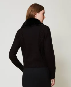 Cardigan Corto Con Collo In Faux Fur