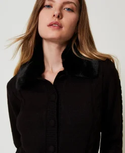Cardigan Corto Con Collo In Faux Fur