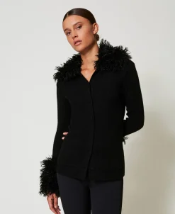 Cardigan In Misto Lana E Faux Fur