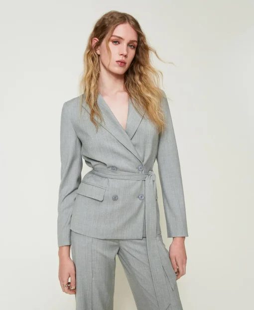 Giacca Blazer In Misto Lana Con Cintura