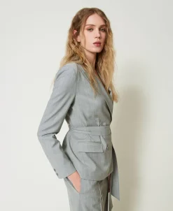 Giacca Blazer In Misto Lana Con Cintura