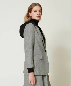 Giacca Blazer In Pied De Poule Con Cappuccio