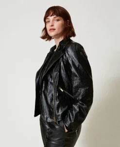 Giacca Chiodo Effetto Pelle Con Zip